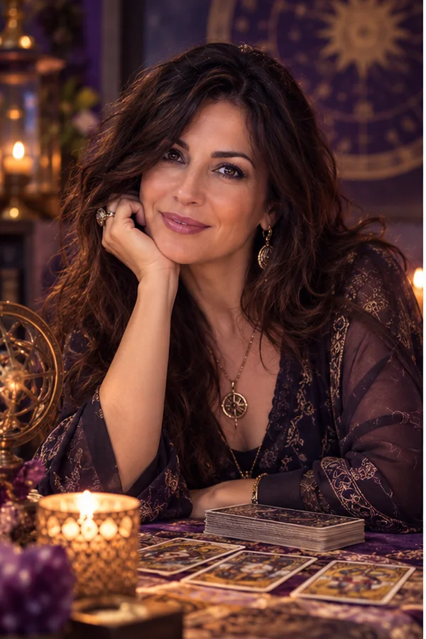 Imagen editorial de Eva Santos en un ambiente de tarot.