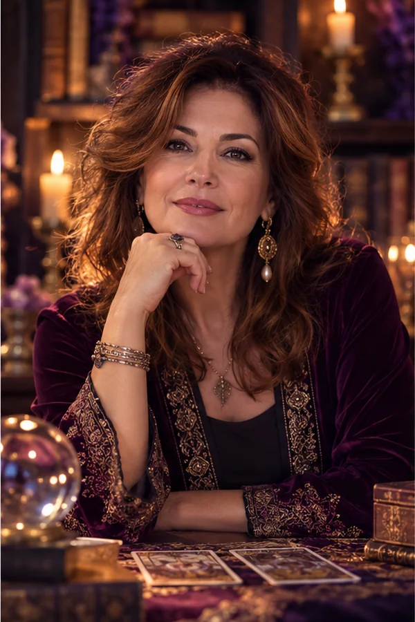Imagen editorial de Gloria Maria en un ambiente de tarot.