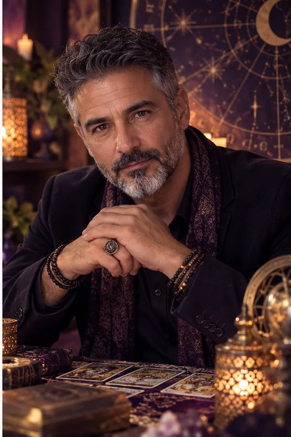 Imagen editorial del Maestro Mario en un ambiente esotérico.